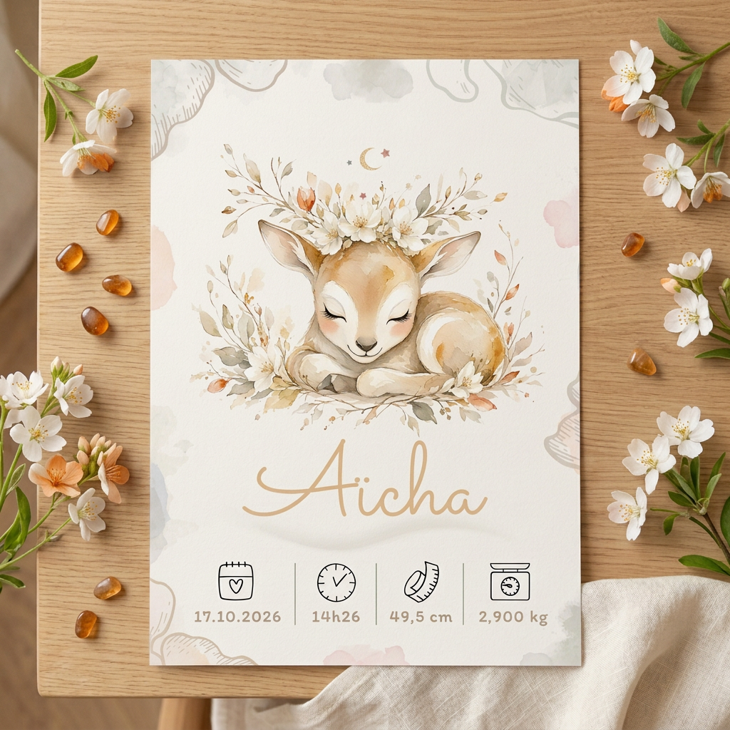 Poster Aïcha sans cadre présenté à plat sur bois clair, entouré de fleurs blanches