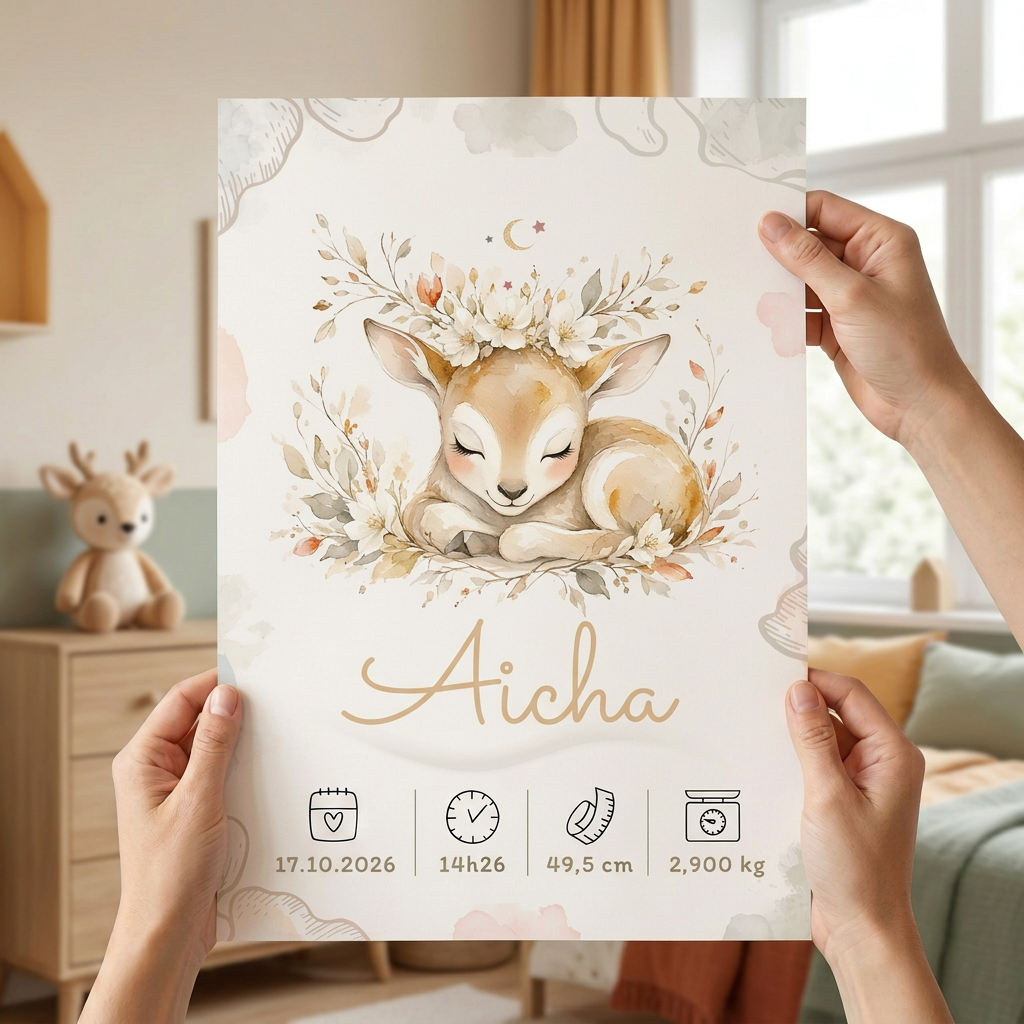 Poster Aïcha sans cadre tenu en main dans une chambre d’enfant