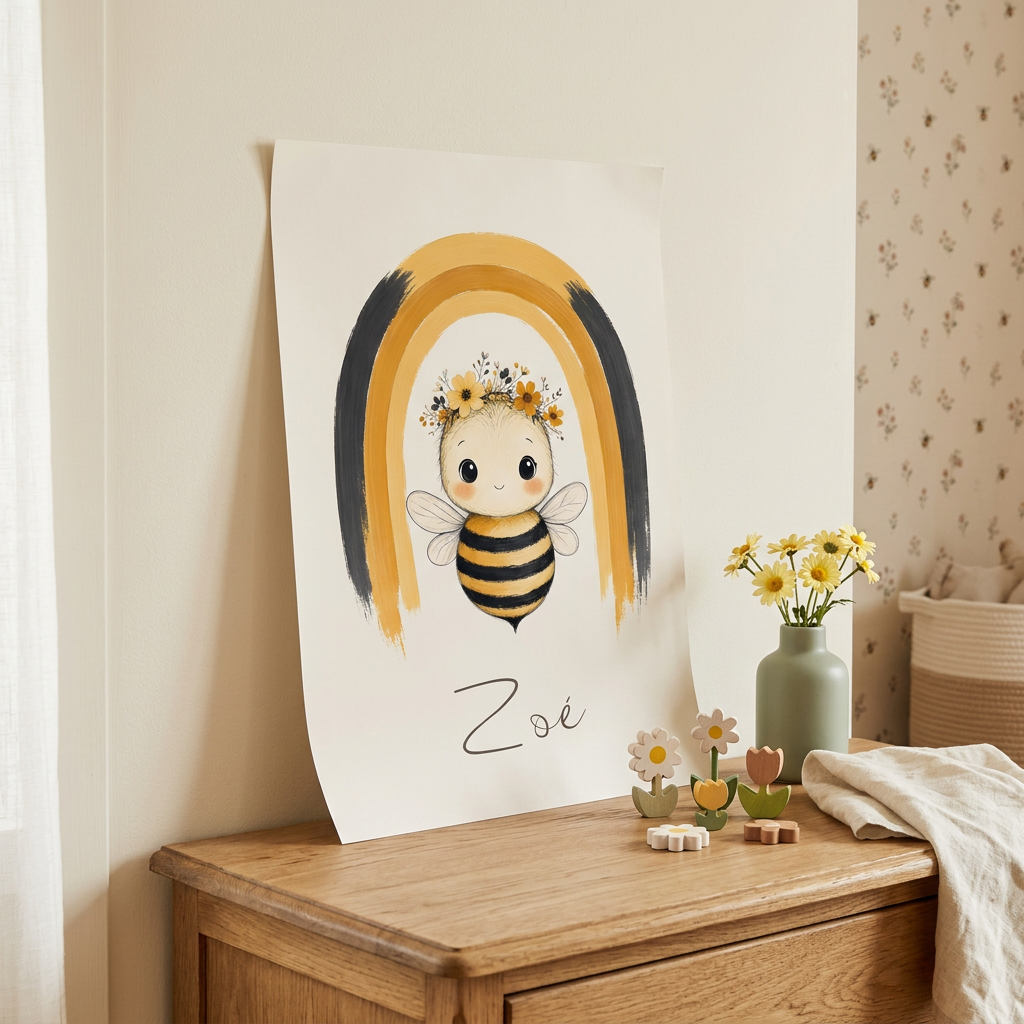 Poster Abeille Zoé posé contre un mur sur une commode