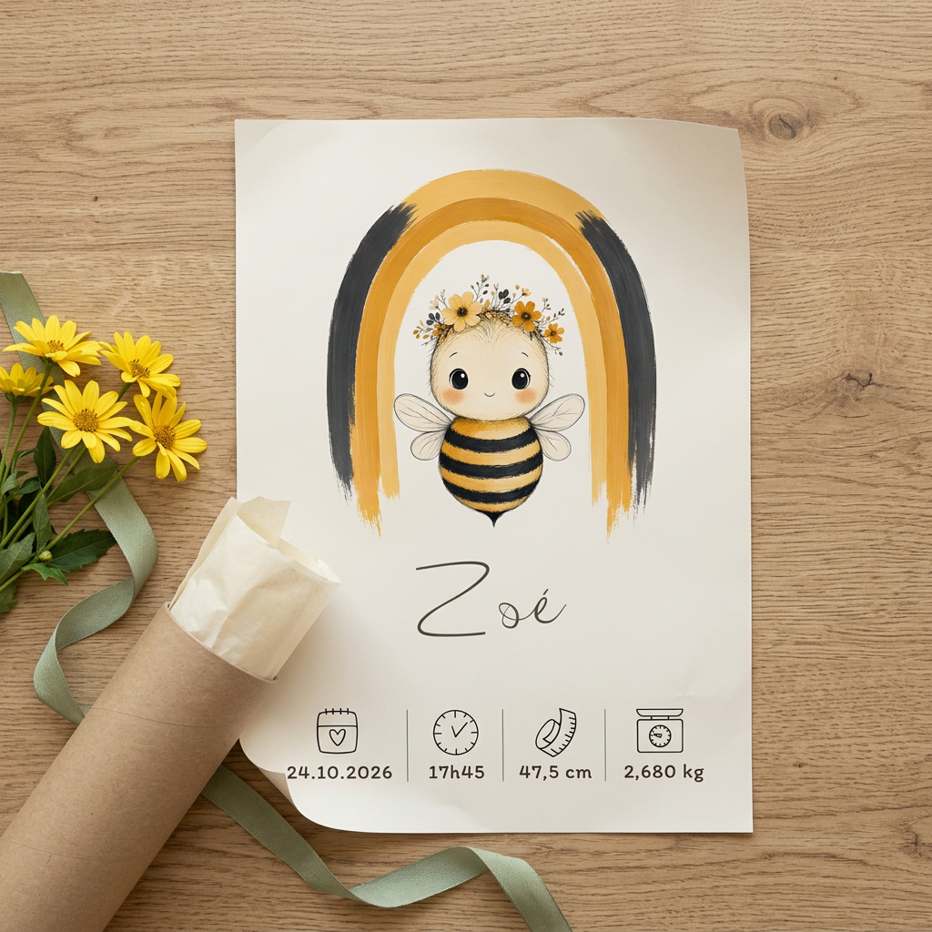 Poster Abeille Zoé sans cadre avec son tube et des marguerites