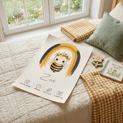 Poster Abeille Zoé sur un lit d’enfant, ambiance miel et sauge
