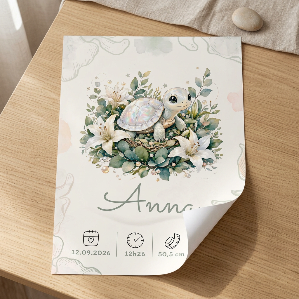 Poster Anna sans cadre, posé sur une table avec le papier légèrement enroulé