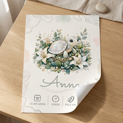 Poster Anna sans cadre, posé sur une table avec le papier légèrement enroulé