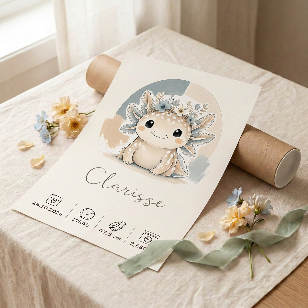 Poster axolotl Clarisse naissance avec tube kraft sur du lin