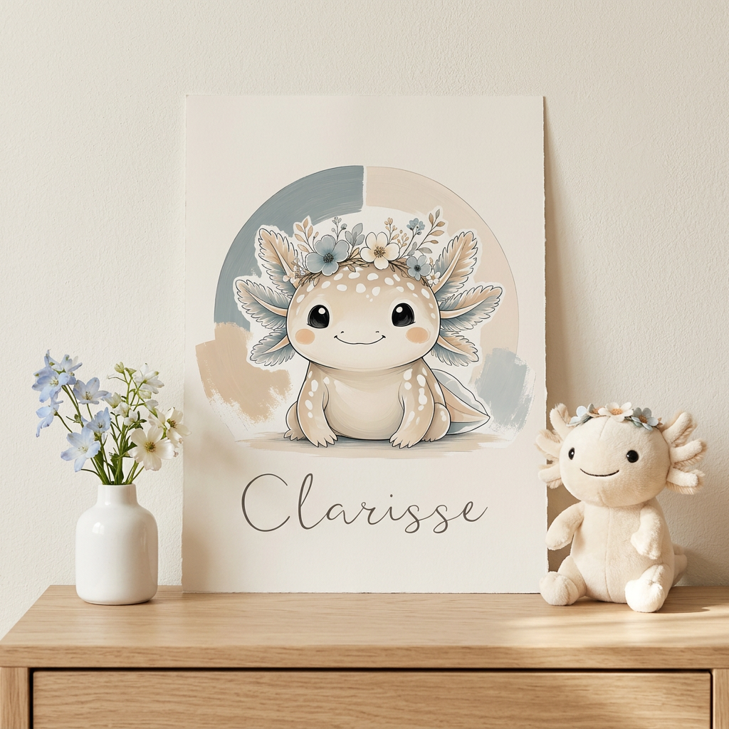 Poster axolotl Clarisse prénom seul sur une commode