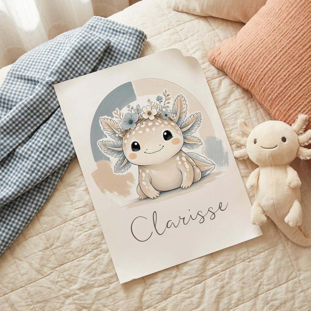Poster axolotl Clarisse sur un lit aux tons pêche et bleu doux