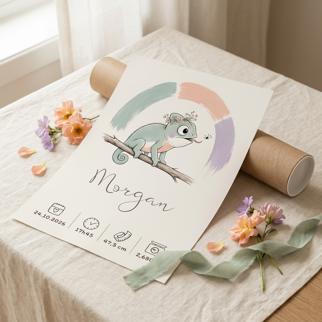 Poster Caméléon Morgan avec son tube d’expédition