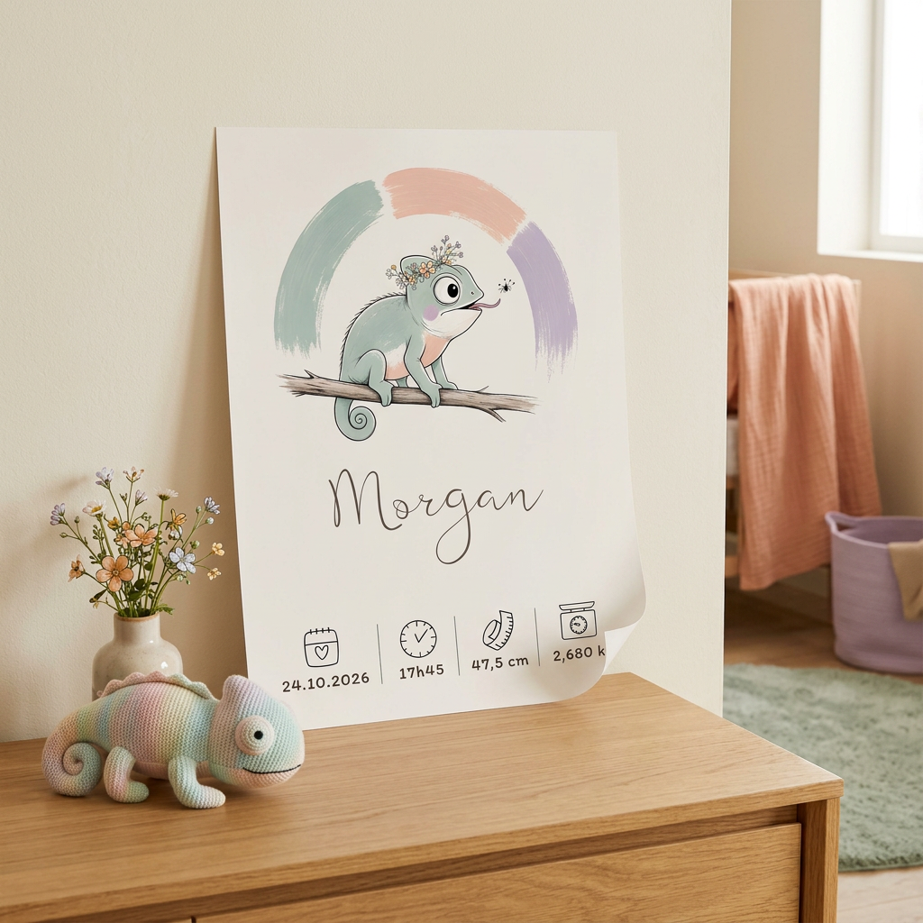 Poster Caméléon Morgan posé contre un mur sur une commode