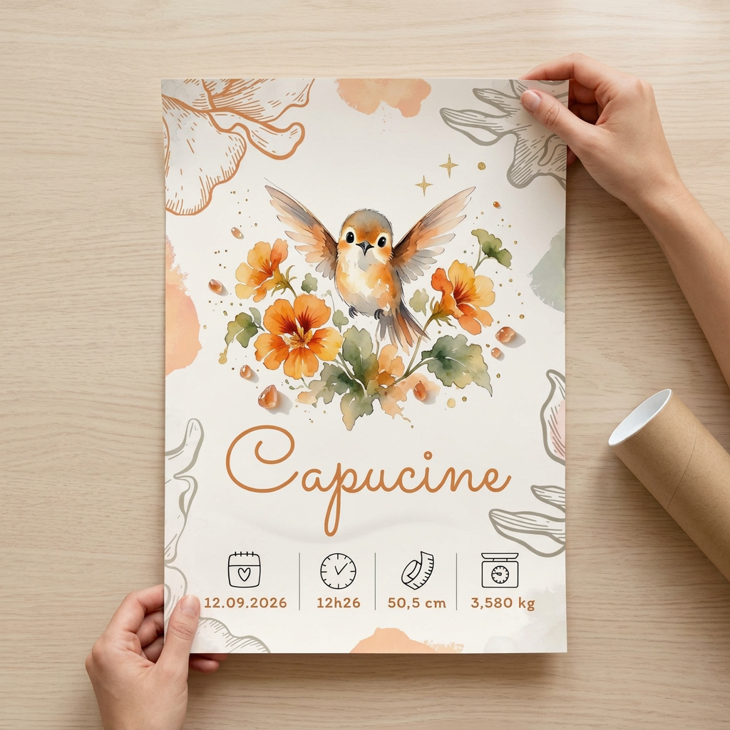 Poster Capucine en cours de déroulage sur une table