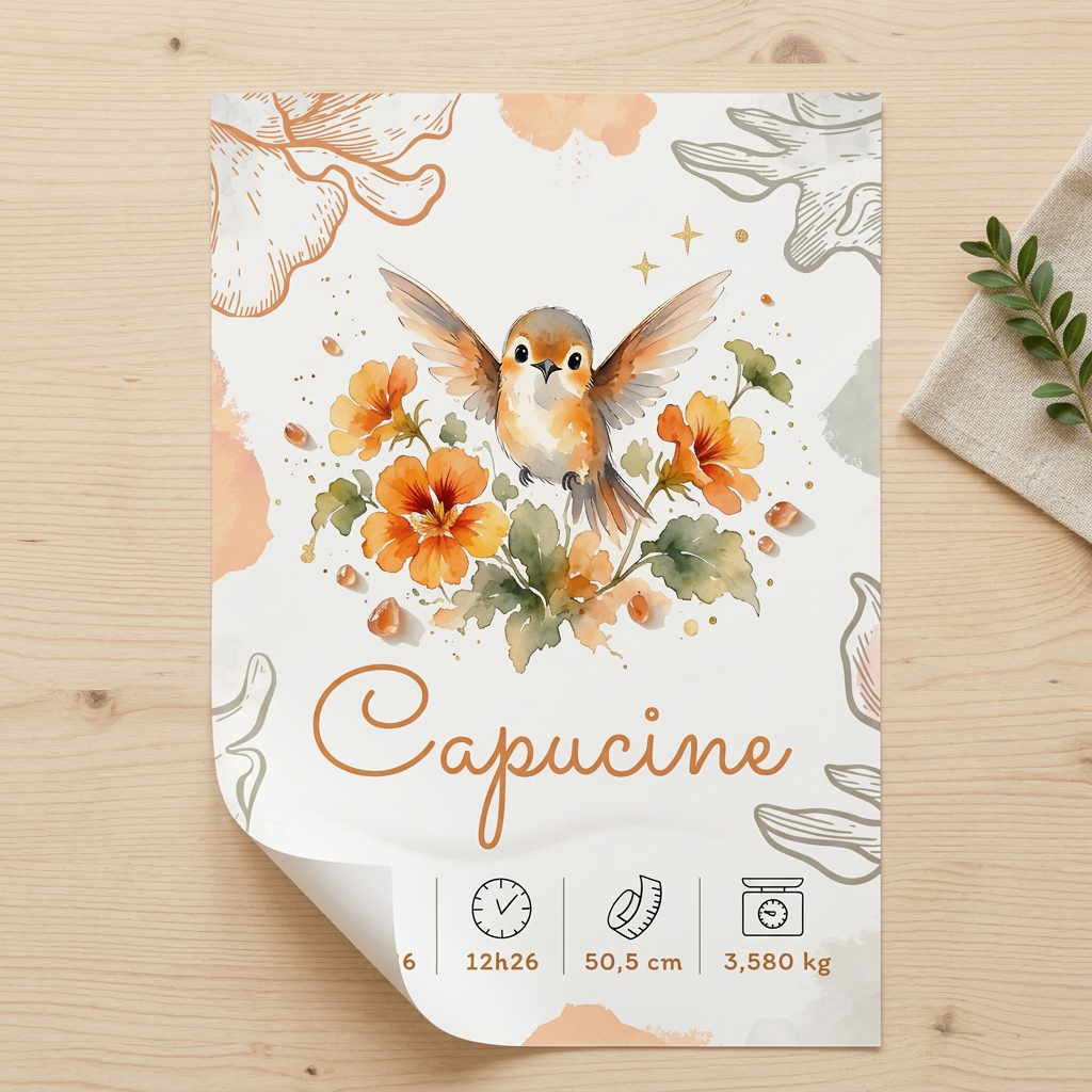 Poster Capucine posé sur une table en bois clair