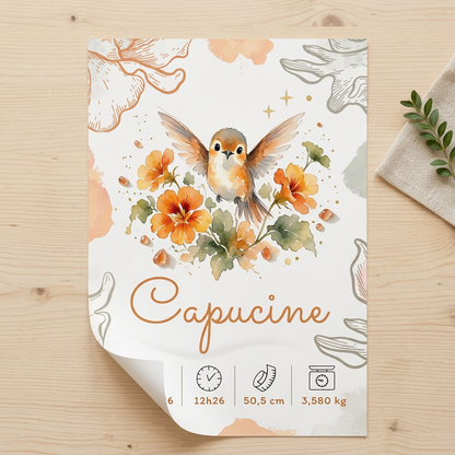 Poster Capucine posé sur une table en bois clair