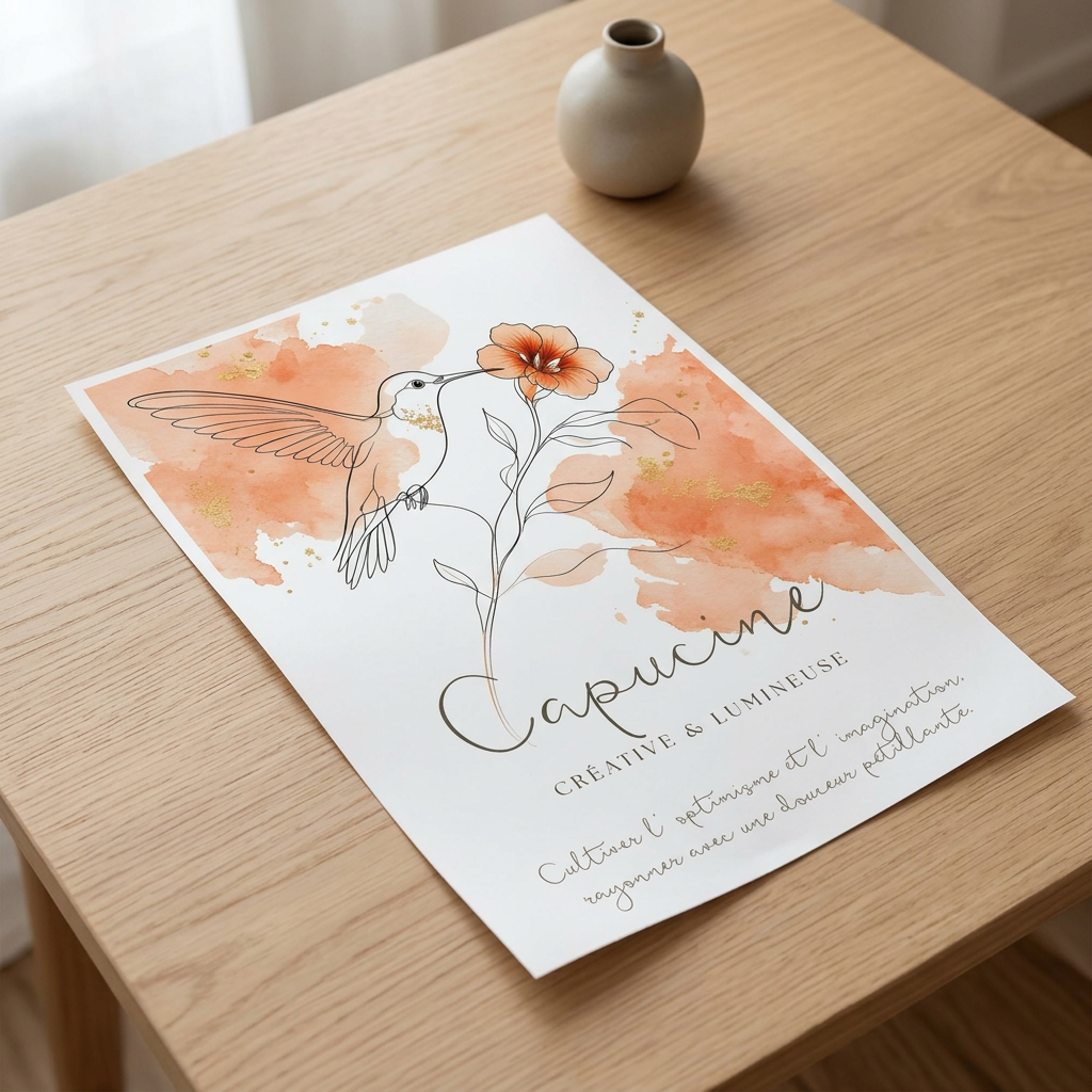 Poster Capucine seul, sans cadre, posé sur une table en bois clair