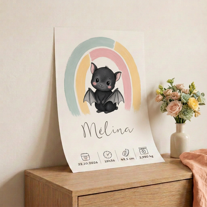 Poster chauve-souris Mélina posé contre un mur, sans cadre ni scotch, avec le papier légèrement courbé