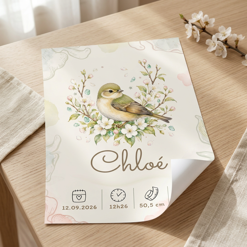 Poster Chloé sans cadre, posé sur une table avec le papier légèrement enroulé