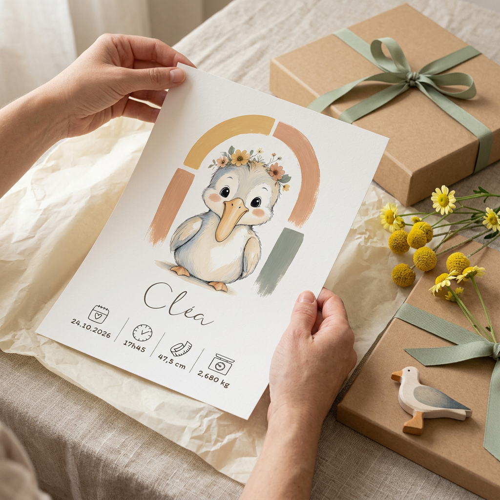 Poster Cléa découvert en cadeau, ruban sauge et fleurs jaunes