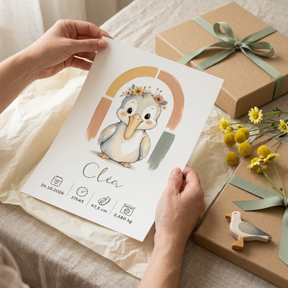 Poster Cléa découvert en cadeau, ruban sauge et fleurs jaunes