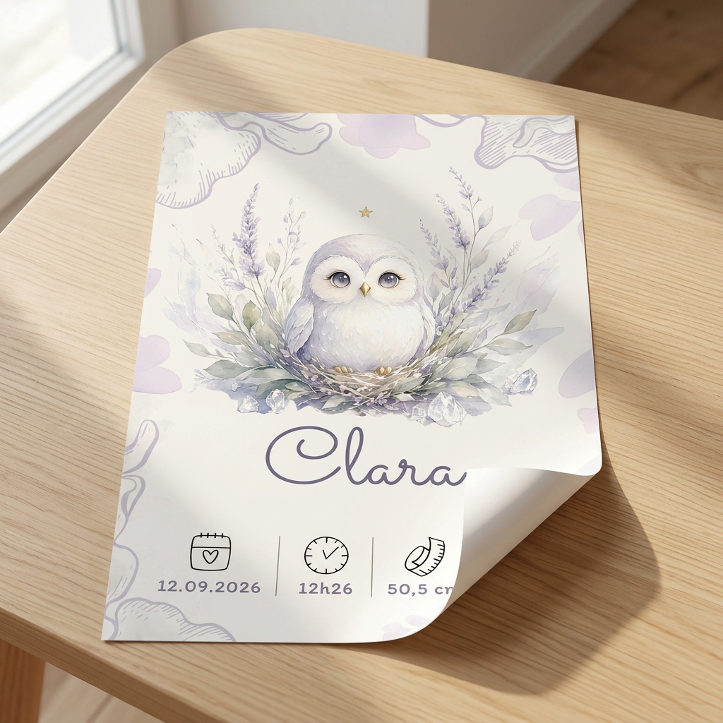 Poster Clara sans cadre posé sur une table en bois clair
