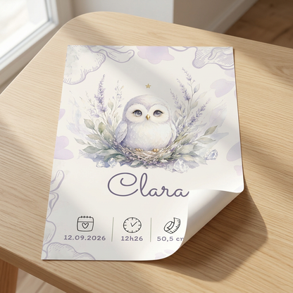 Poster Clara sans cadre posé sur une table en bois clair