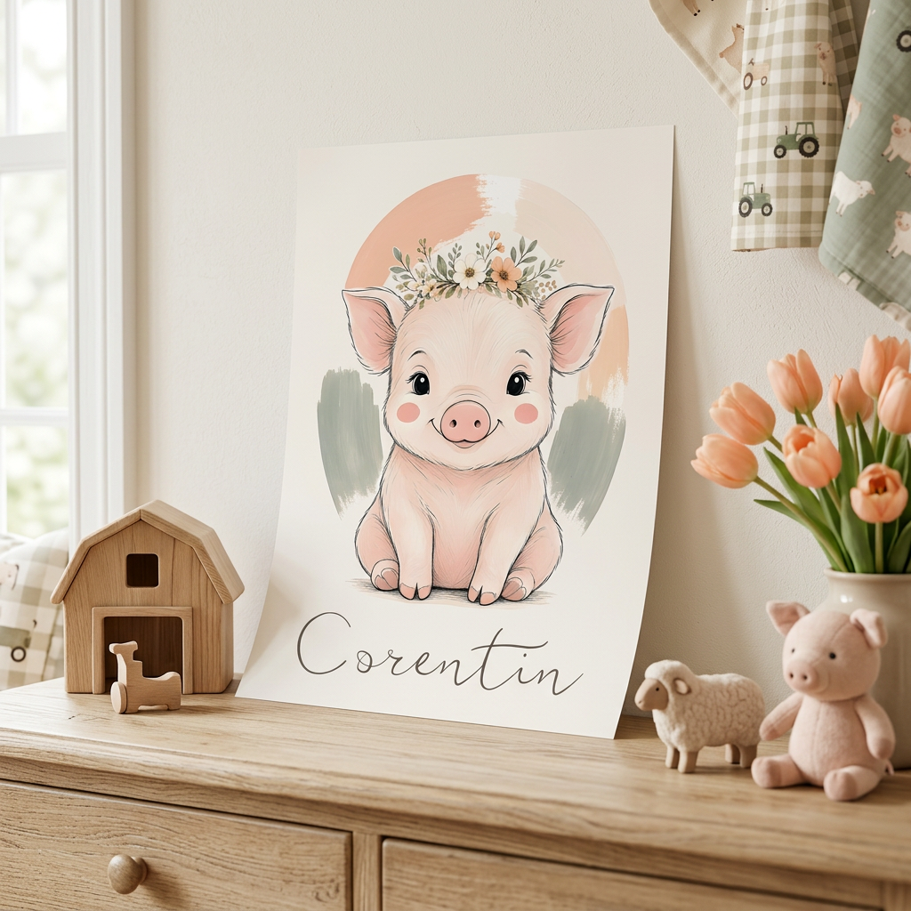 Poster Cochon Corentin posé contre un mur sur une commode