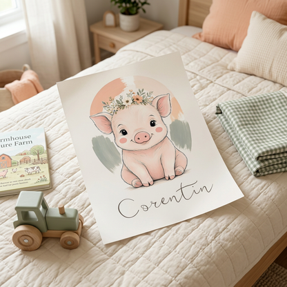 Poster Cochon Corentin sur un lit d’enfant, décor champêtre