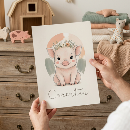 Poster Cochon Corentin tenu en main, ambiance ferme printanière