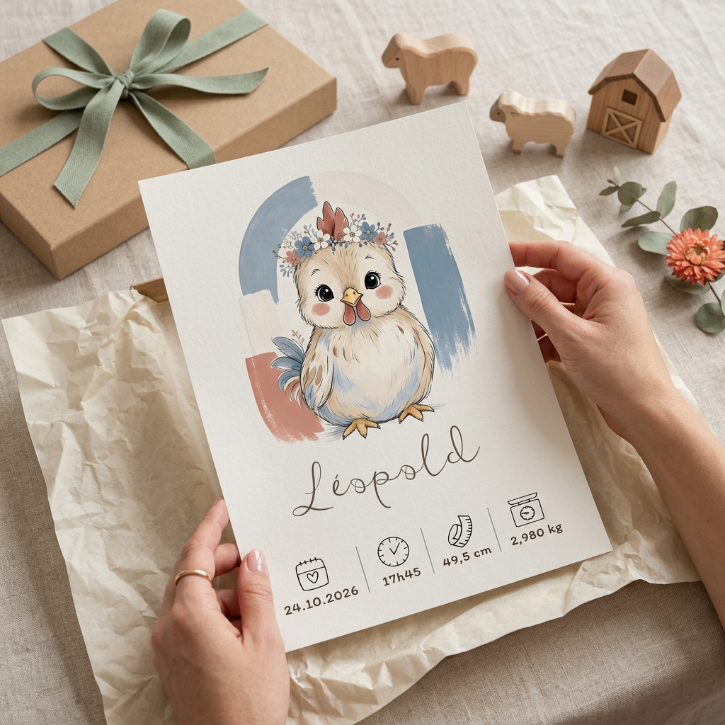 Poster Coq présenté en cadeau avec une décoration de ferme