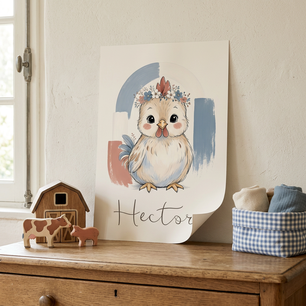 Poster Coq sans cadre posé contre un mur sur une commode