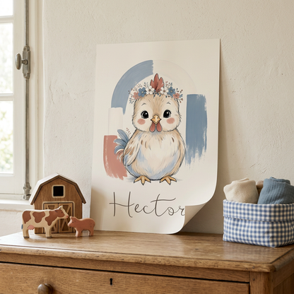 Poster Coq sans cadre posé contre un mur sur une commode