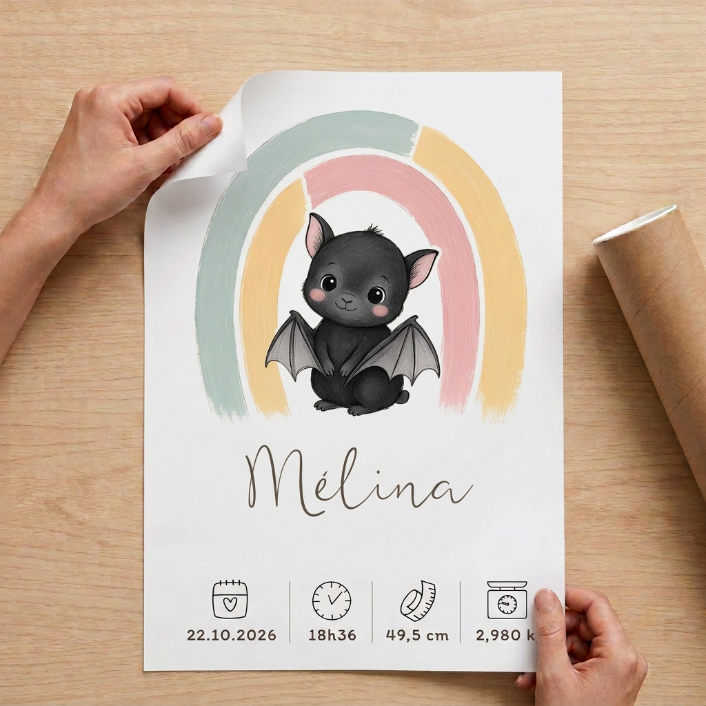 Poster de naissance chauve-souris Mélina sur une table en bois, avec un coin du papier soulevé