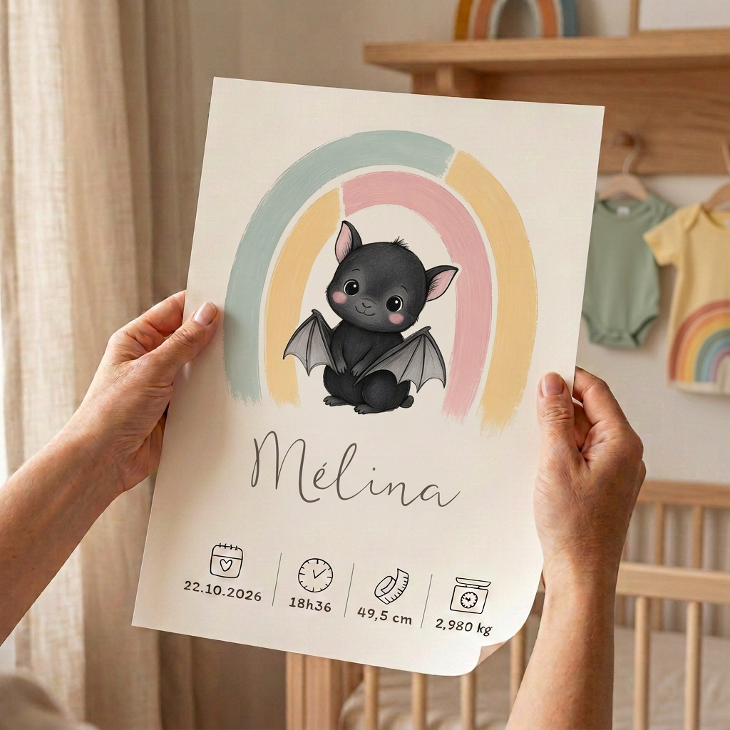 Poster de naissance chauve-souris Mélina tenu entre deux mains dans une chambre pastel