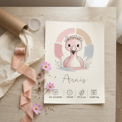 Poster Flamant rose Anaïs avec son tube d’expédition