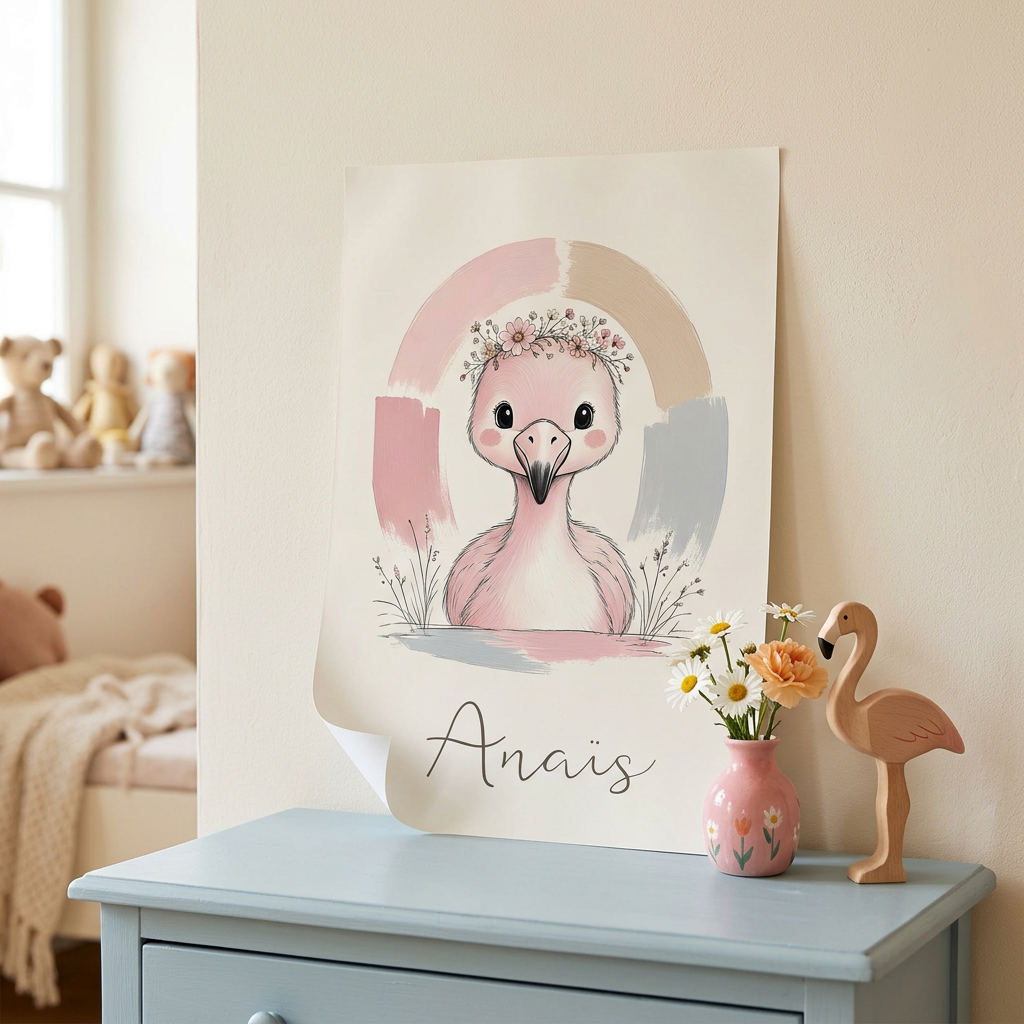 Poster Flamant rose Anaïs contre un mur sur une commode bleu doux