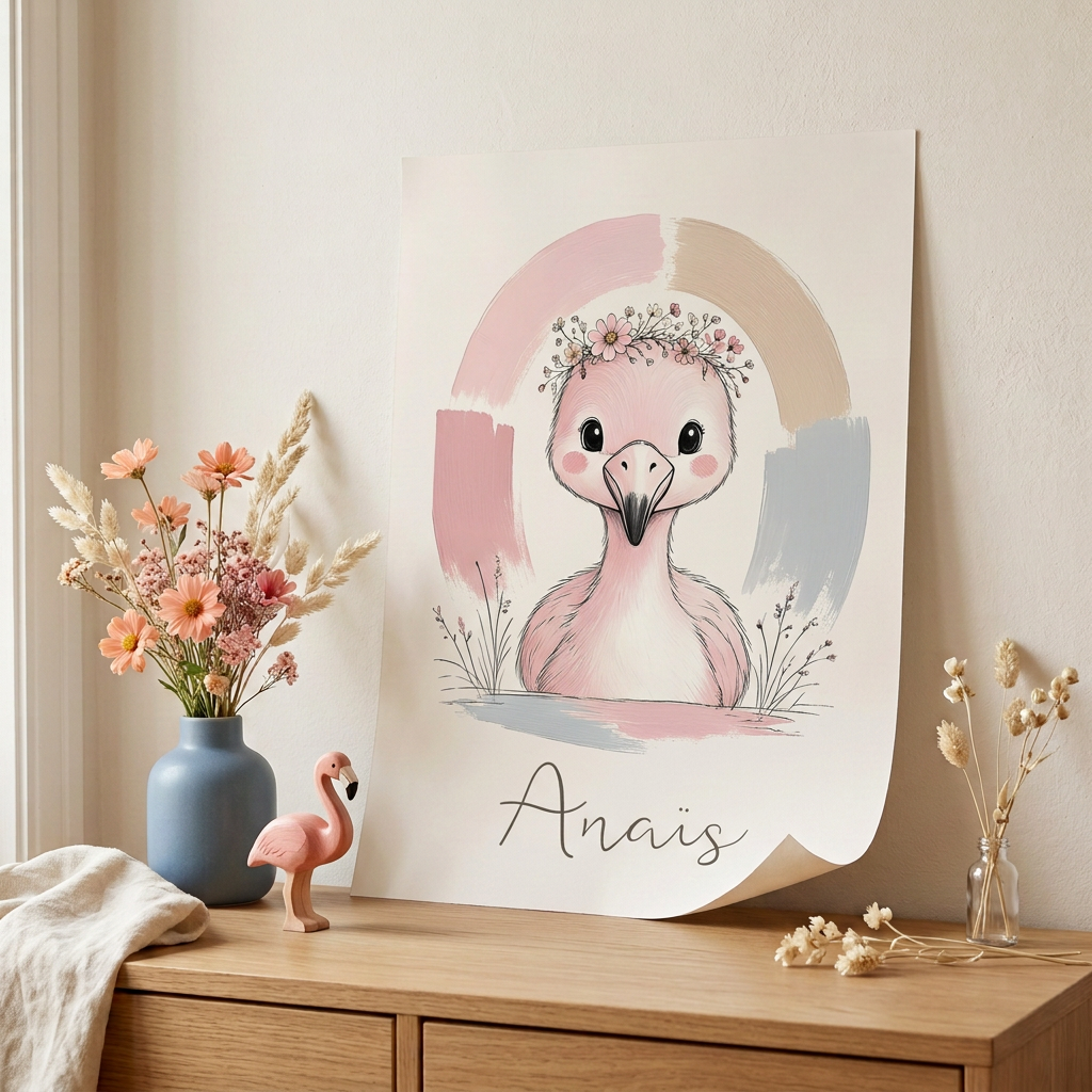 Poster Flamant rose Anaïs posé contre un mur sur une commode