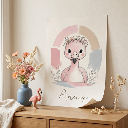 Poster Flamant rose Anaïs posé contre un mur sur une commode