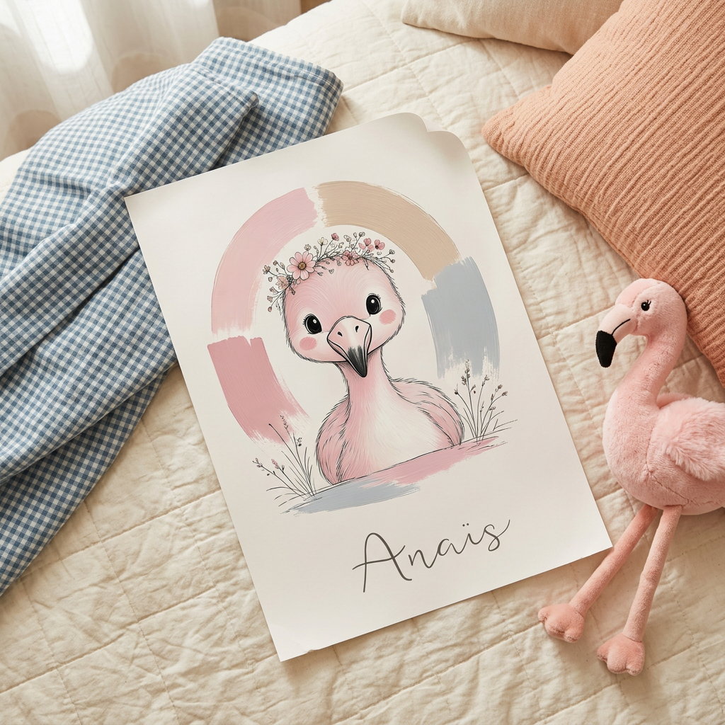 Poster Flamant rose Anaïs sur un lit d’enfant, ambiance pêche et bleu doux