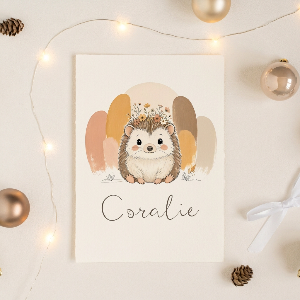 Poster hérisson Coralie dans une présentation cadeau festive