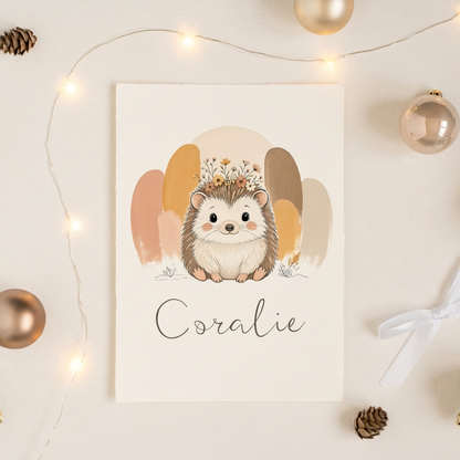 Poster hérisson Coralie dans une présentation cadeau festive