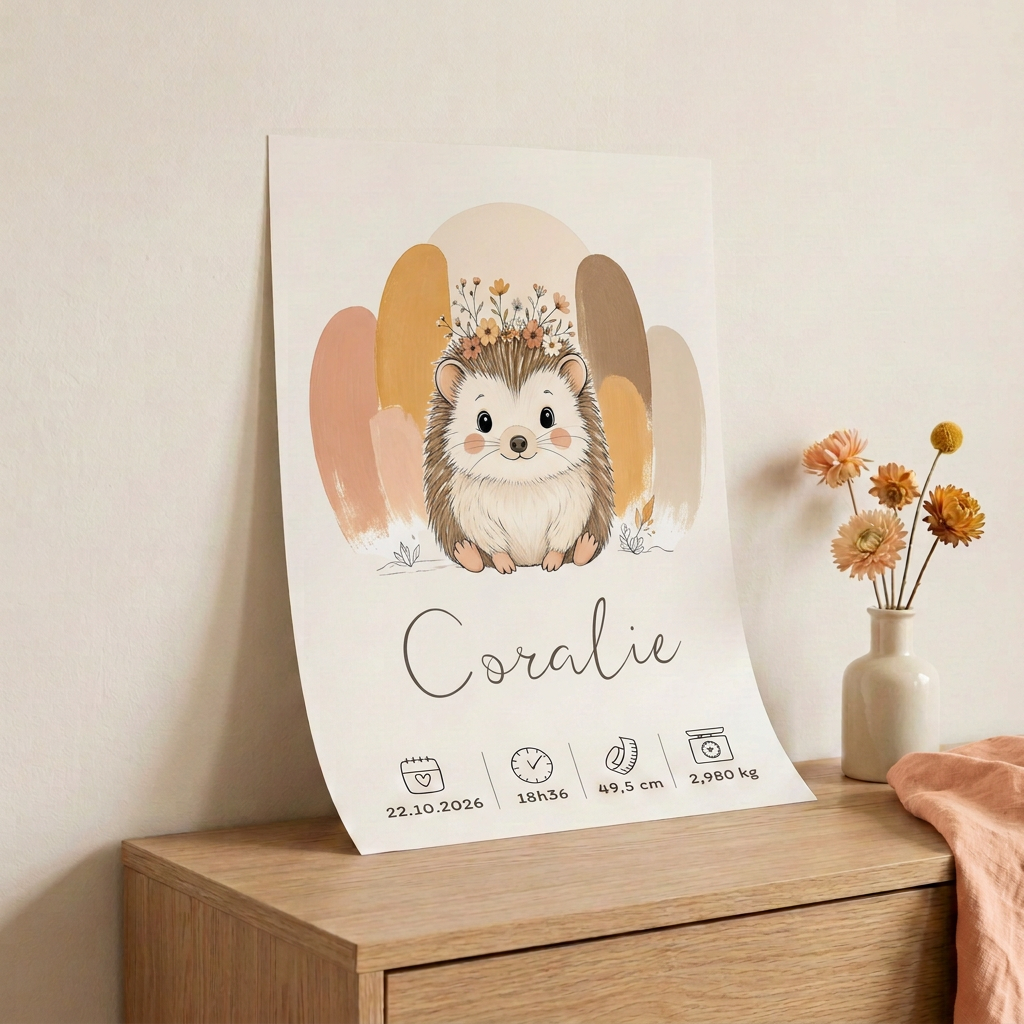 Poster hérisson Coralie posé contre un mur sans cadre ni scotch