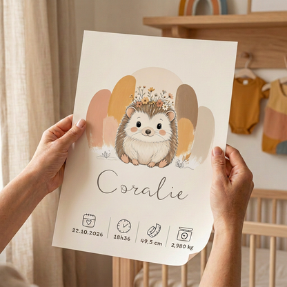 Poster hérisson Coralie tenu entre deux mains