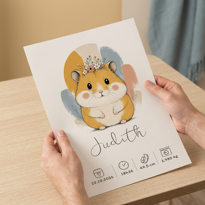 Poster hamster Judith légèrement courbé pour montrer la souplesse du papier