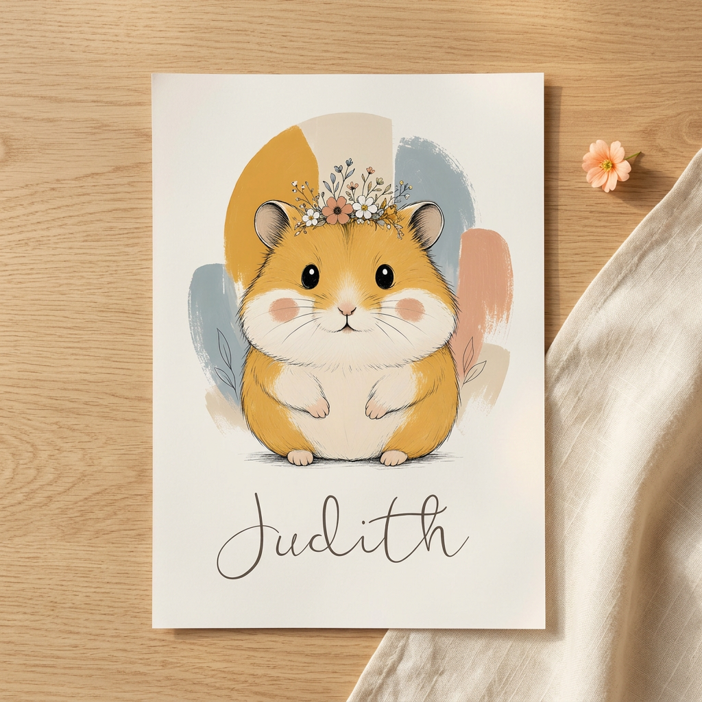 Poster hamster Judith posé à plat sur une table