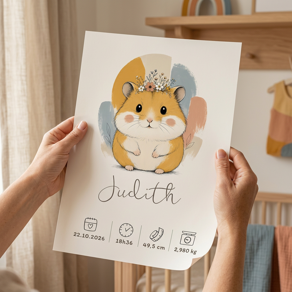 Poster hamster Judith sans cadre tenu entre deux mains