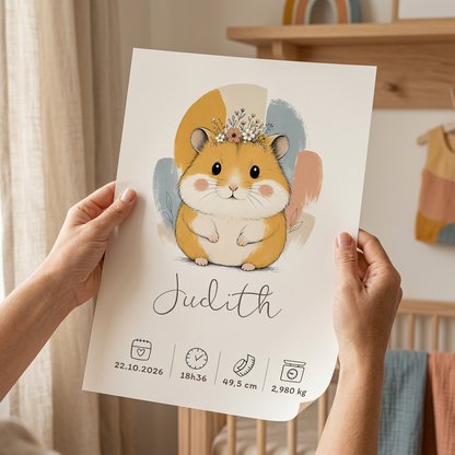 Poster hamster Judith sans cadre tenu entre deux mains