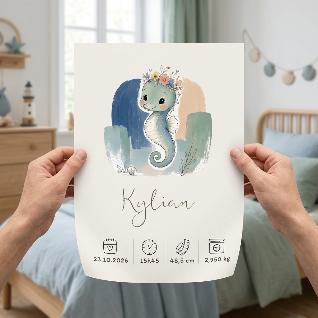 Poster Hippocampe Kylian sans cadre tenu entre deux mains, avec le papier légèrement courbé