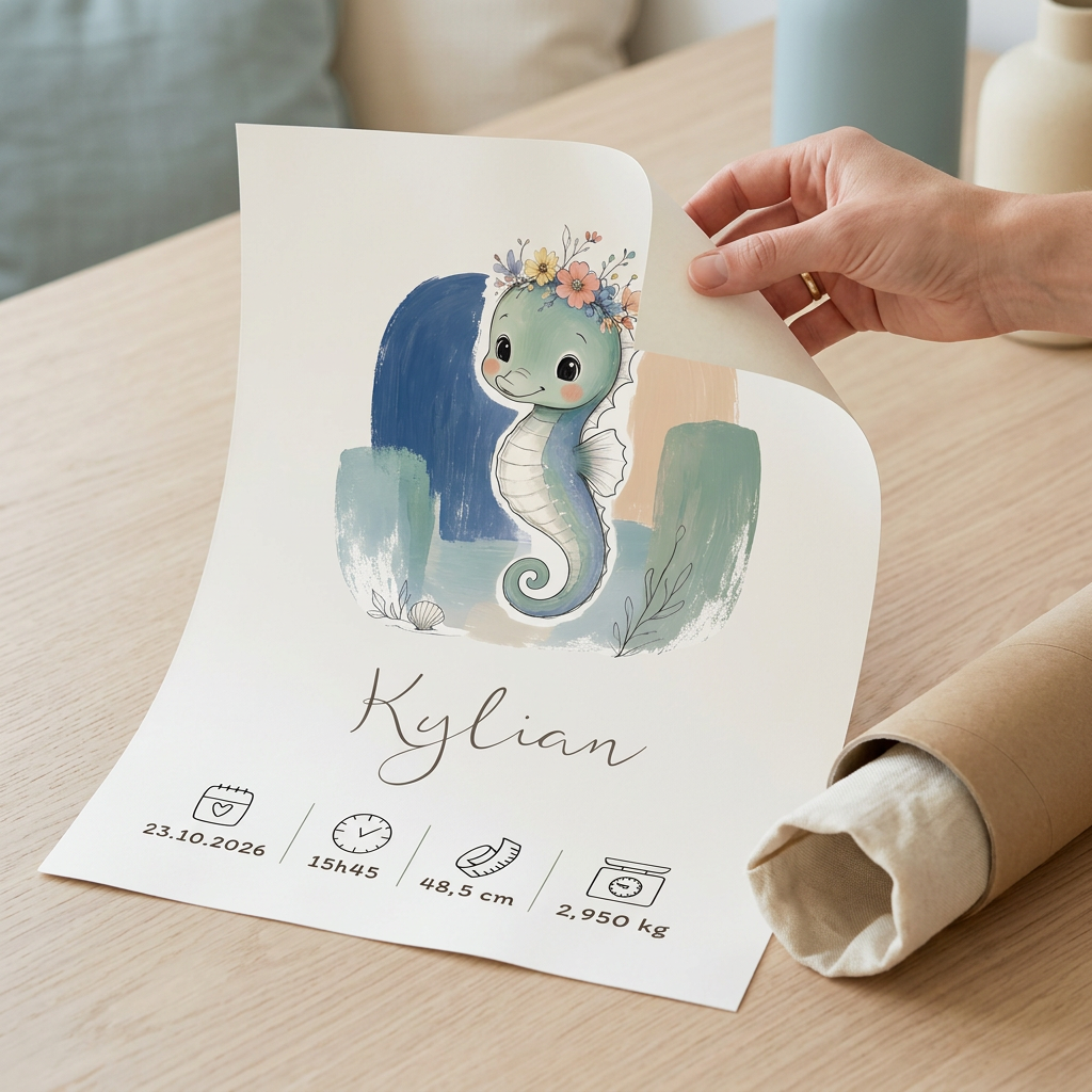 Poster Hippocampe Kylian sur une table près d’un tube kraft, avec un coin du papier soulevé