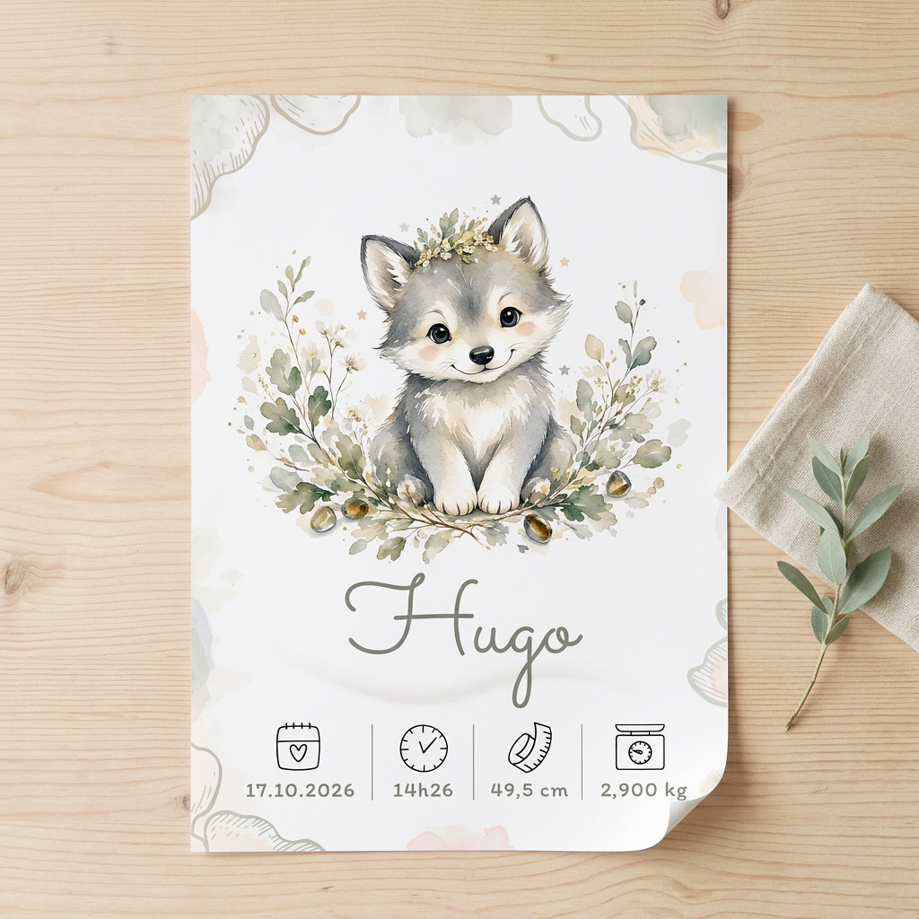 Poster de naissance Hugo personnalisé – Sans cadre