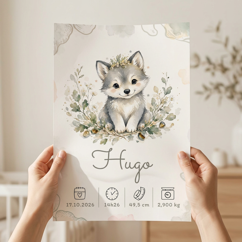 Poster Hugo sans cadre, tenu à la main avec les bords du papier visibles