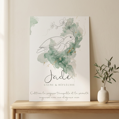 Affiche prénom Jade sans cadre – Tortue de mer et orchidées