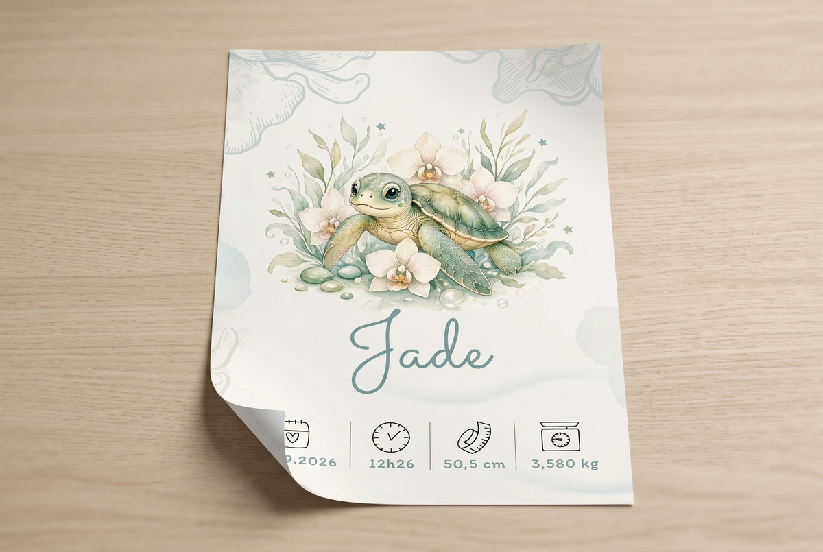 Poster Jade sans cadre, posé sur une table avec les bords et la souplesse du papier visibles