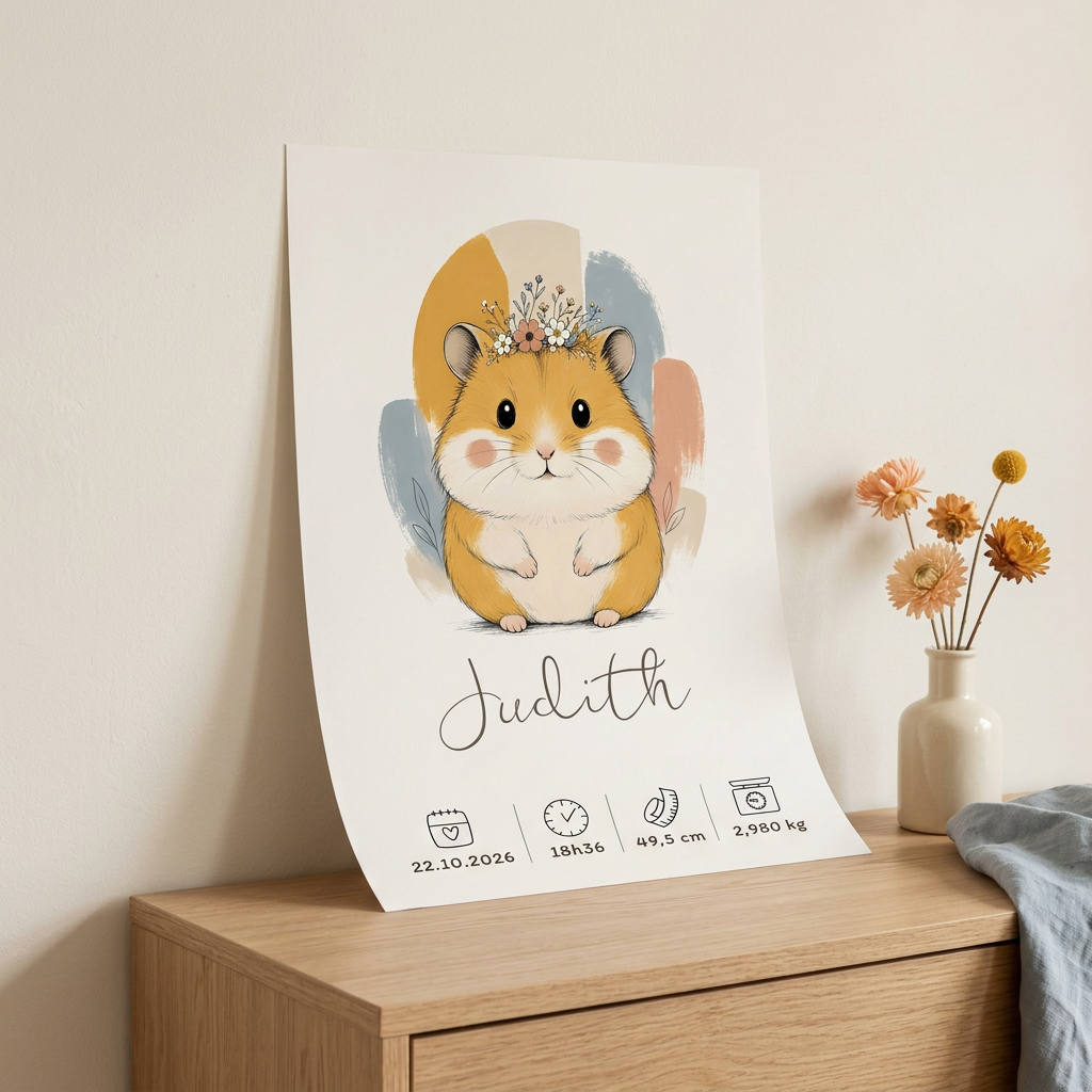Poster Judith posé sur une commode contre un mur, sans scotch ni cadre, avec le papier légèrement courbé